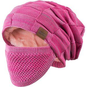Men & Women D7 Rose Red Winter Warm Knit Slouchy Skull Cap with Face Cover
